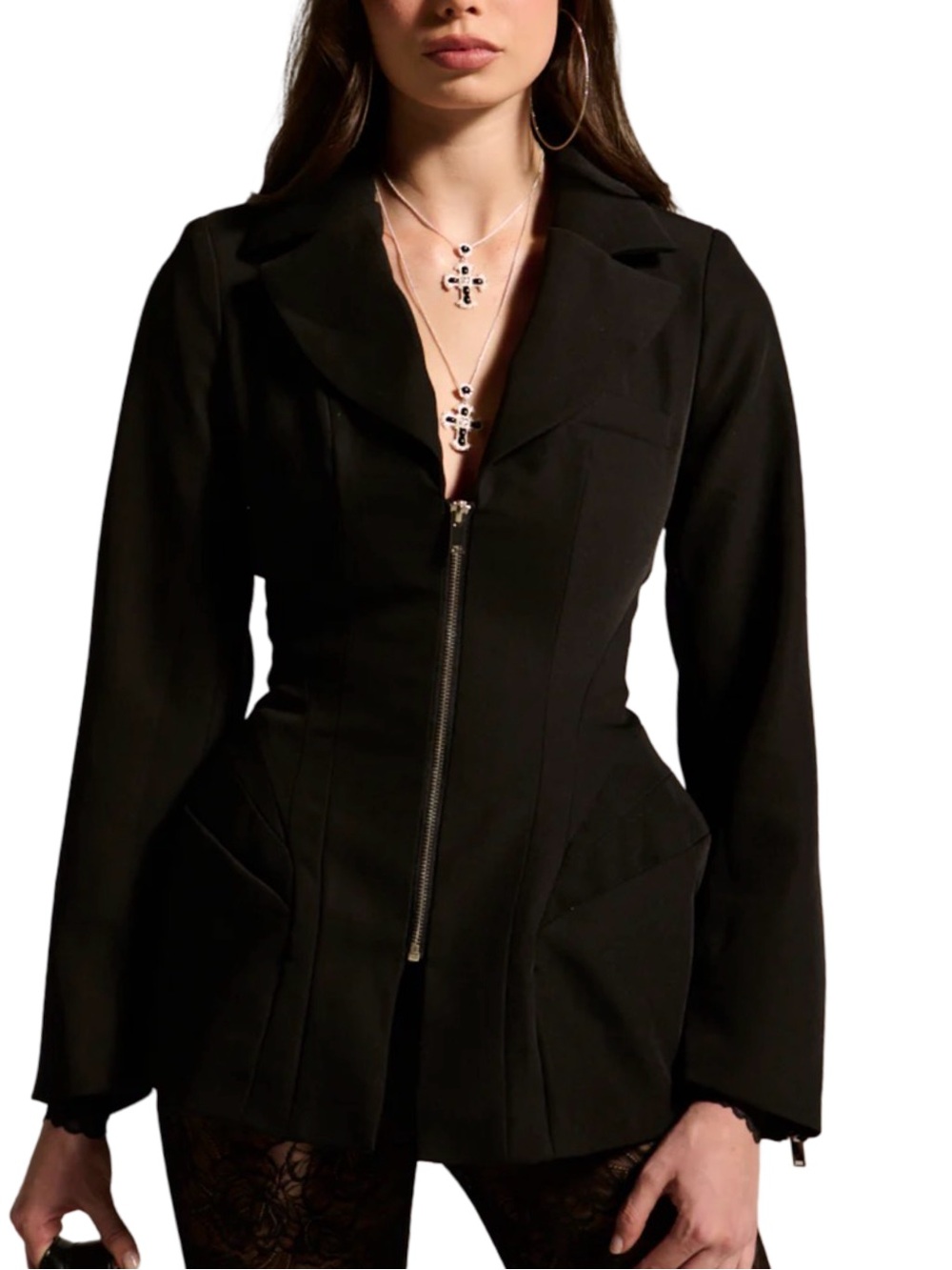 AKIRA Black Cortez Peplum Zip-Front Structured Blazer - NWT - Sz Large